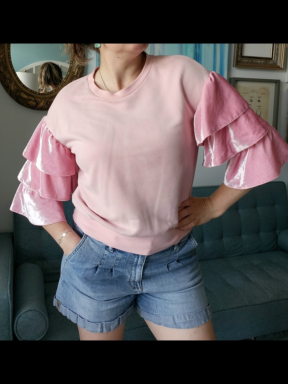 Pinko Summer Cotton Pink Ruffle-Sleeve Velvet-Trim Sweatshirt